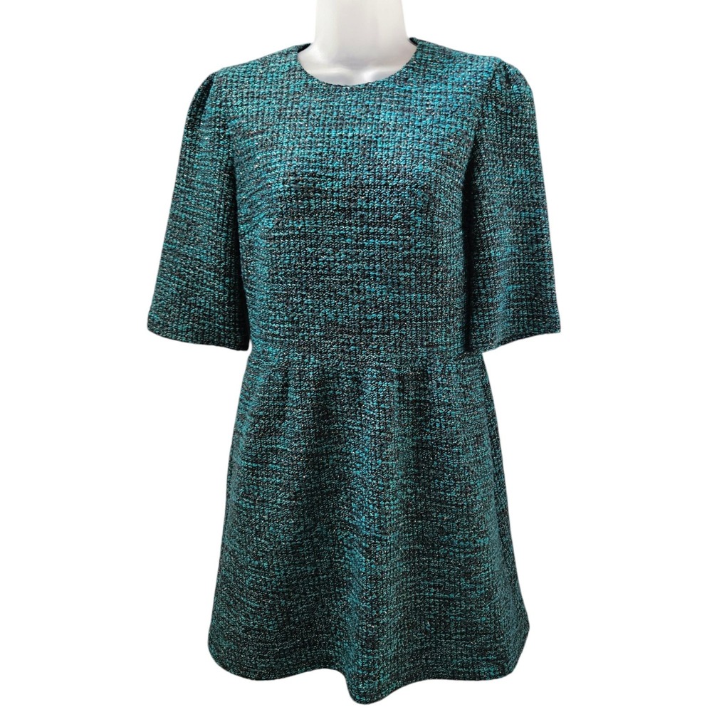 Alice+Olivia Dress 6 Glenys Tweed Aqua Teal Mini Half Sleeve Lined Party Event
